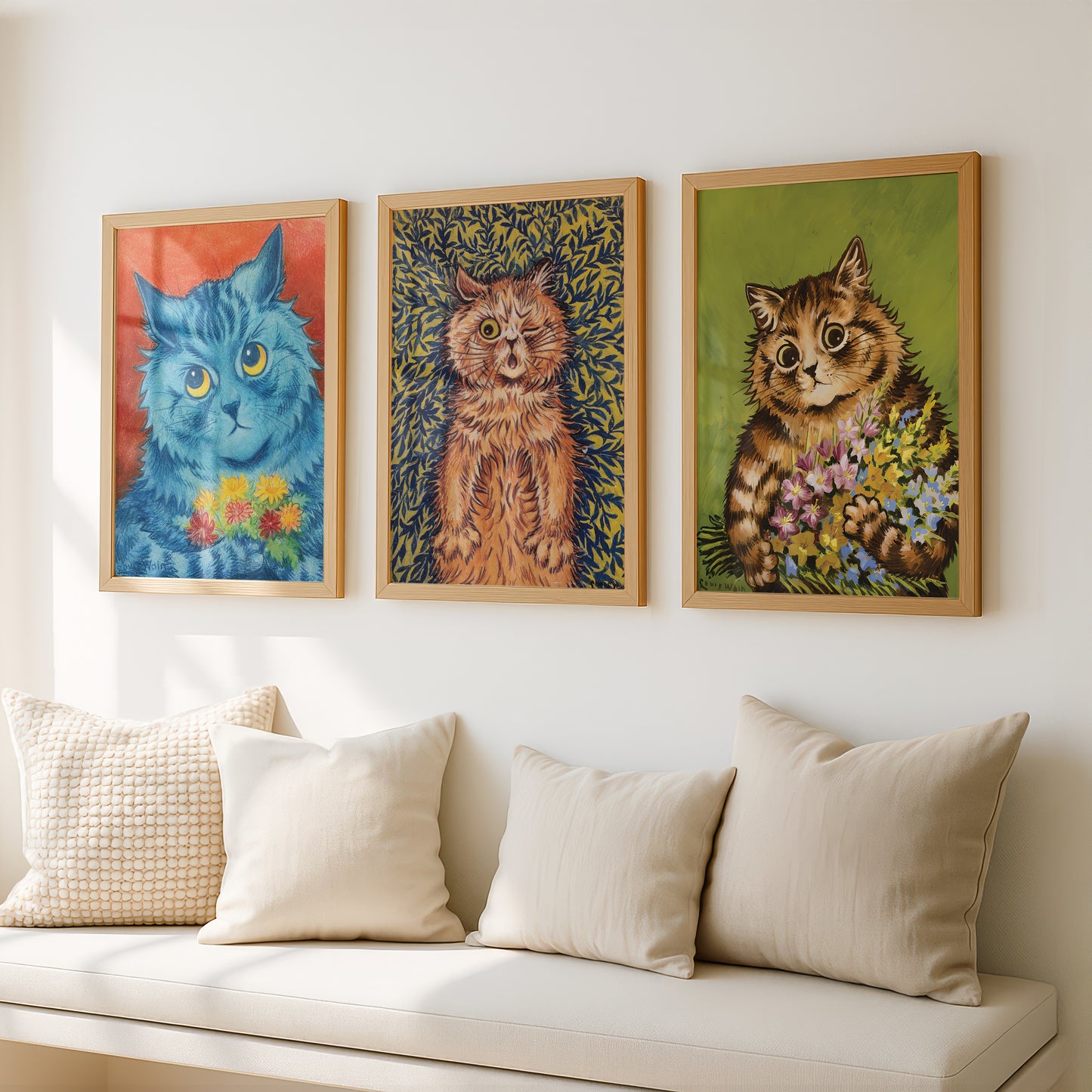 Louis Wain Cat Paintings Triptych (Set of 3 Art Prints) Vintage Cat Art | Flowers