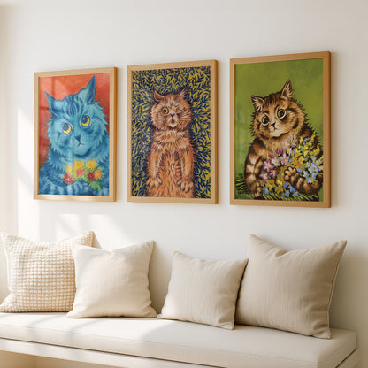 Louis Wain Cat Paintings Triptych (Set of 3 Art Prints) Vintage Cat Art | Flowers