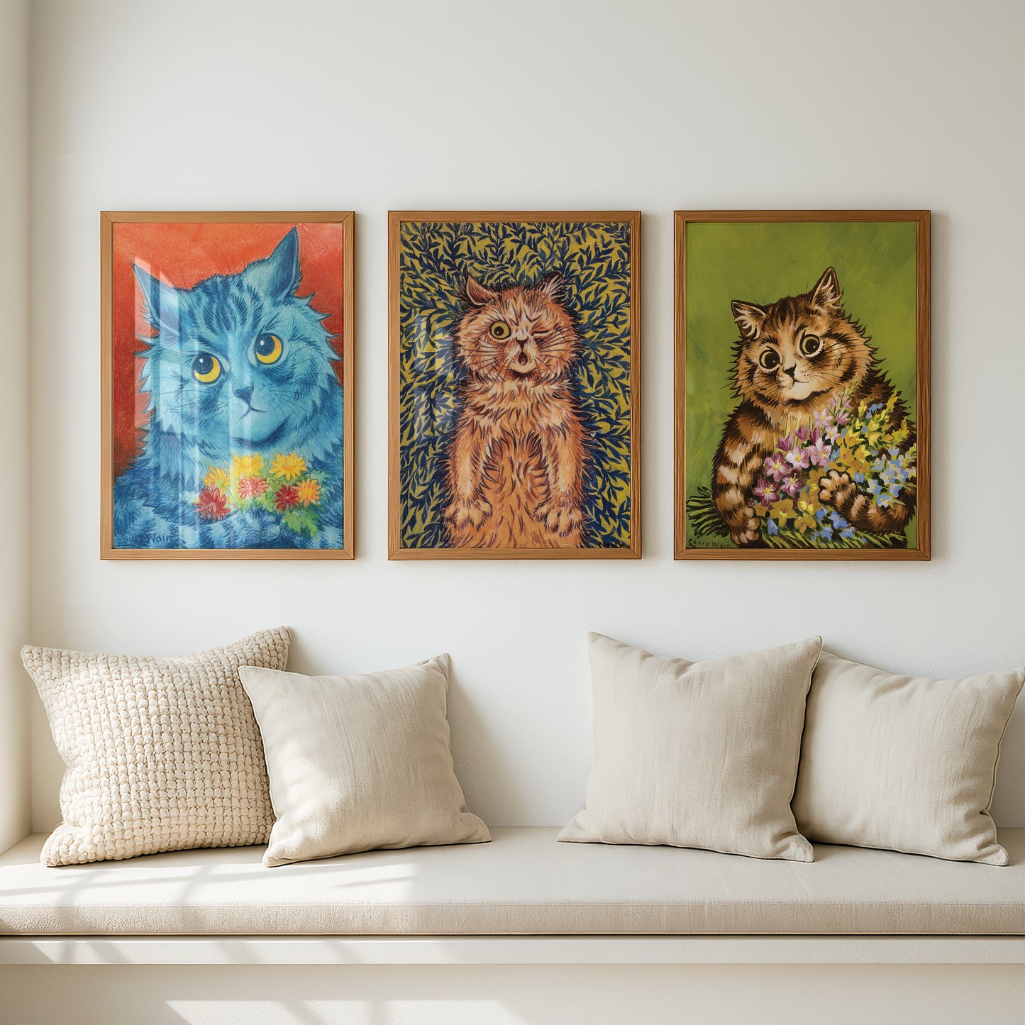 Louis Wain Cat Paintings Triptych (Set of 3 Art Prints) Vintage Cat Art | Flowers