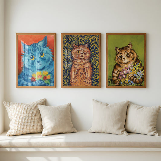 Louis Wain Cat Paintings Triptych (Set of 3 Art Prints) Vintage Cat Art | Flowers