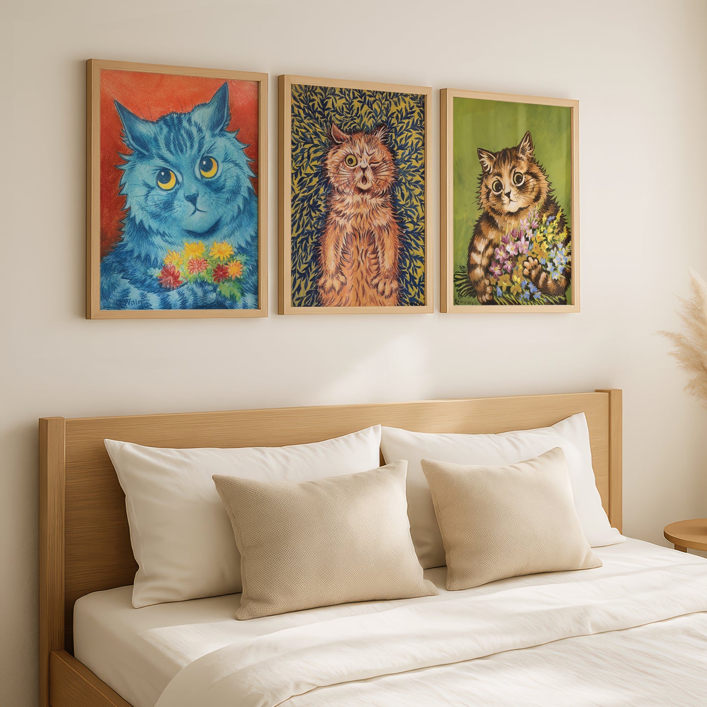 Louis Wain Cat Paintings Triptych (Set of 3 Art Prints) Vintage Cat Art | Flowers