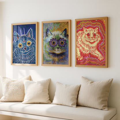 Louis Wain Psychedelic Cat Paintings Triptych (Set of 3 Art Prints) Colourful Art