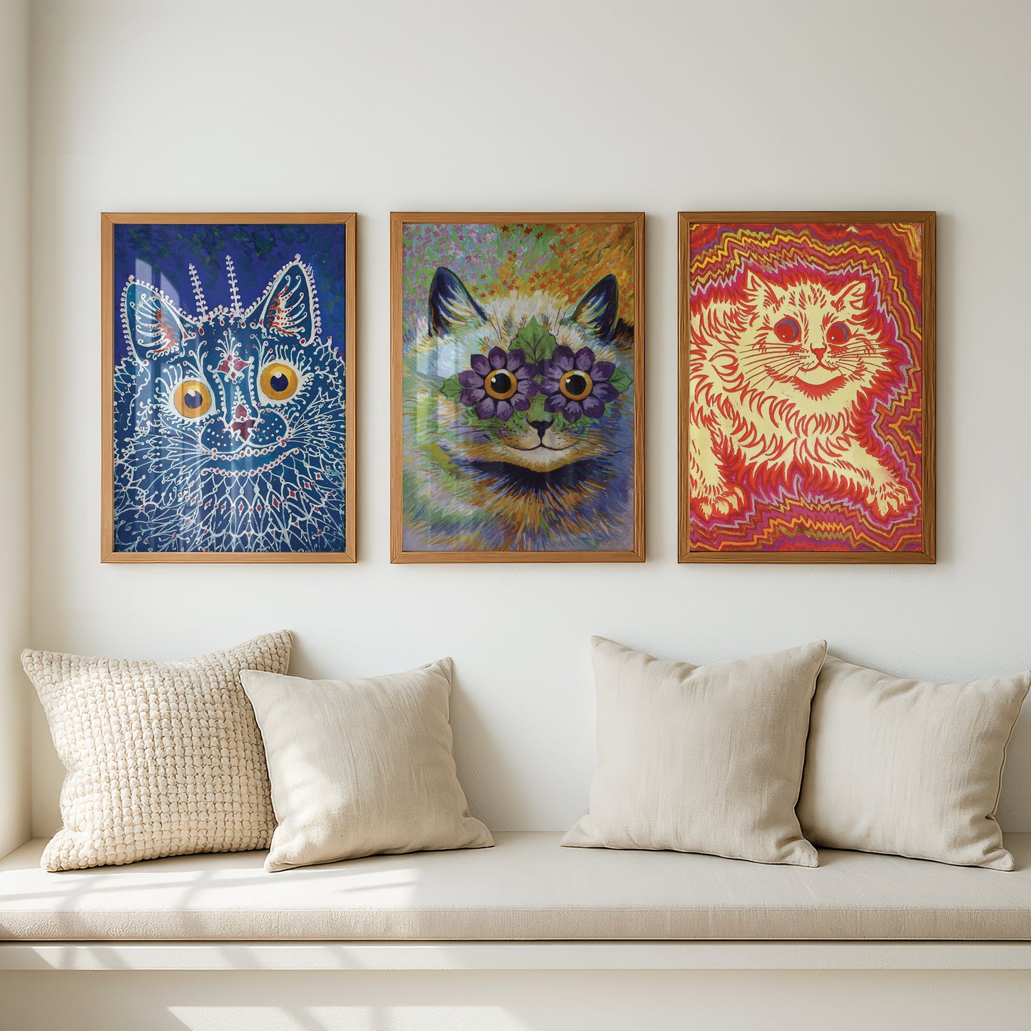 Louis Wain Psychedelic Cat Paintings Triptych (Set of 3 Art Prints) Colourful Art
