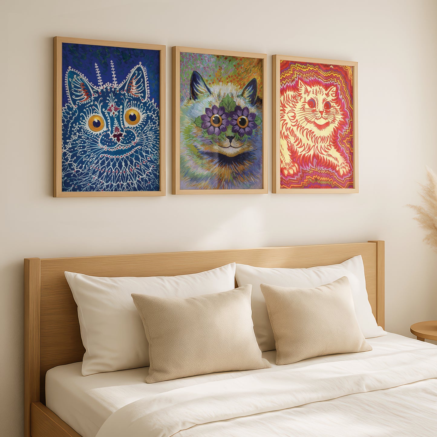 Louis Wain Psychedelic Cat Paintings Triptych (Set of 3 Art Prints) Colourful Art
