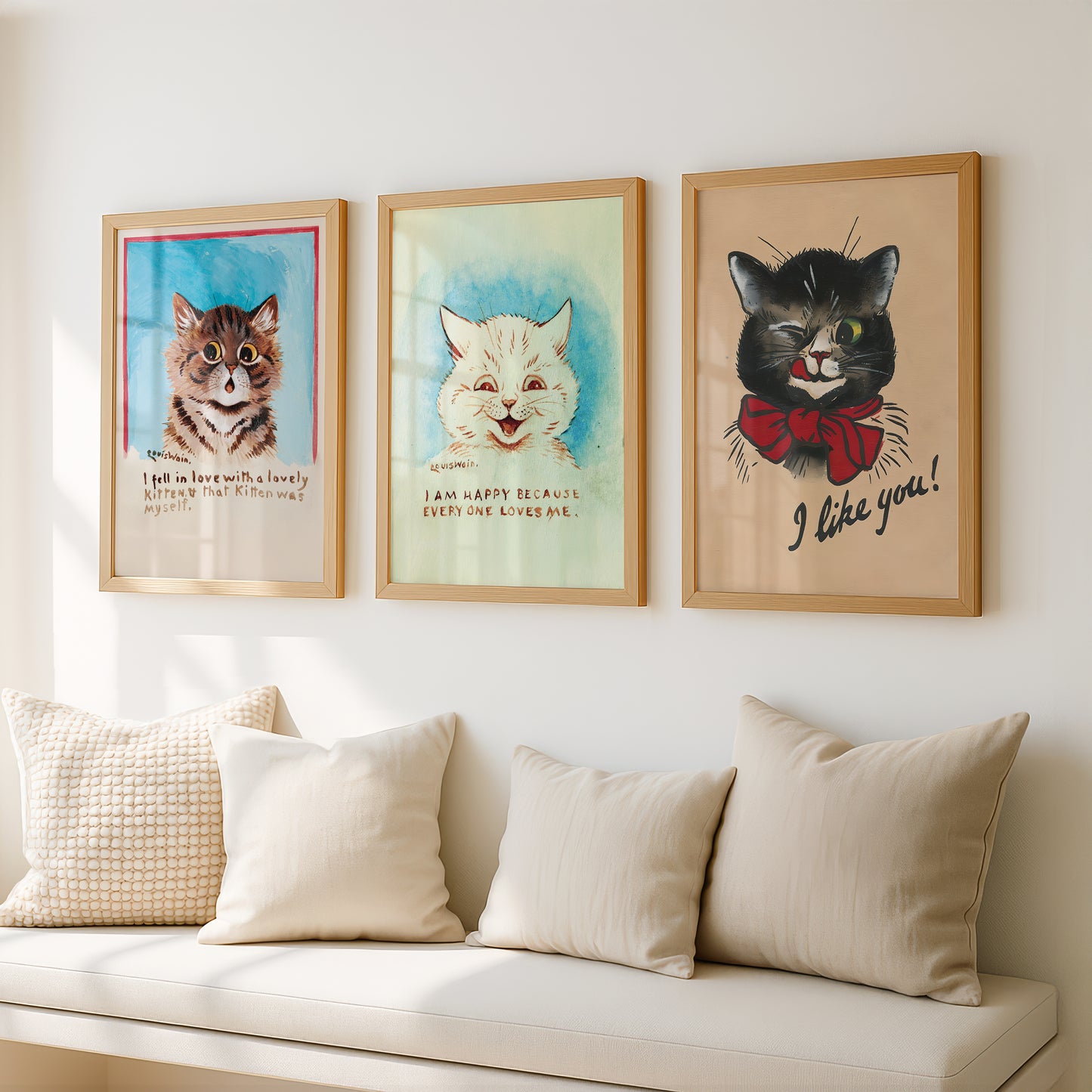Louis Wain Cat Paintings Triptych (Set of 3 Art Prints) Vintage Cat Art | I Am Happy & More