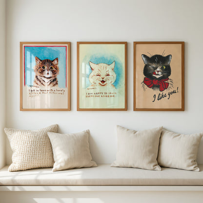 Louis Wain Cat Paintings Triptych (Set of 3 Art Prints) Vintage Cat Art | I Am Happy & More