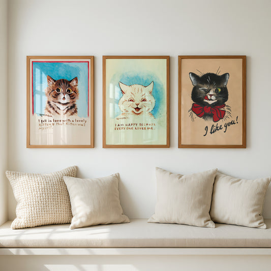 Louis Wain Cat Paintings Triptych (Set of 3 Art Prints) Vintage Cat Art | I Am Happy & More