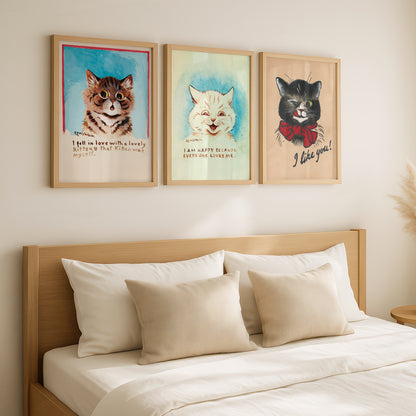 Louis Wain Cat Paintings Triptych (Set of 3 Art Prints) Vintage Cat Art | I Am Happy & More