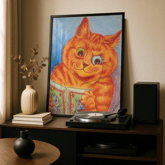 Louis Wain: A Good Read | Giclée Fine Art Cat Print | Cat Lovers Gift | Cat Reading a Book