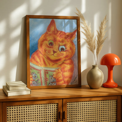 Louis Wain: A Good Read | Giclée Fine Art Cat Print | Cat Lovers Gift | Cat Reading a Book