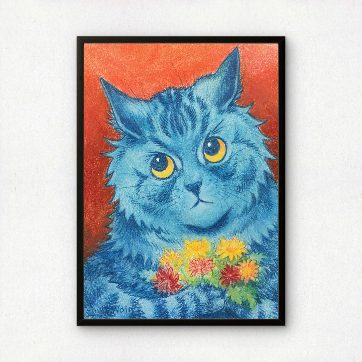 Louis Wain Cat Print | Giclée Fine Art Print | Blue Cat Poster | "A Shy Offering"