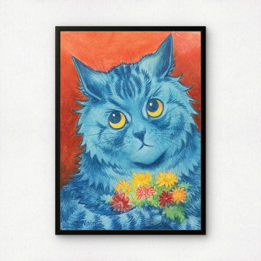 Louis Wain Cat Print | Giclée Fine Art Print | Blue Cat Poster | "A Shy Offering"