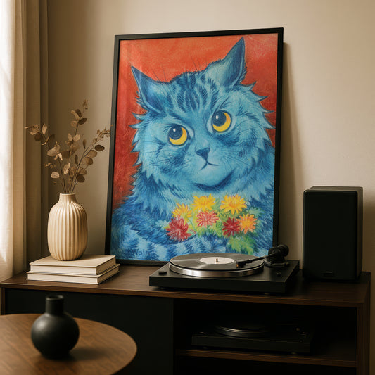 Louis Wain Cat Print | Giclée Fine Art Print | Blue Cat Poster | "A Shy Offering"