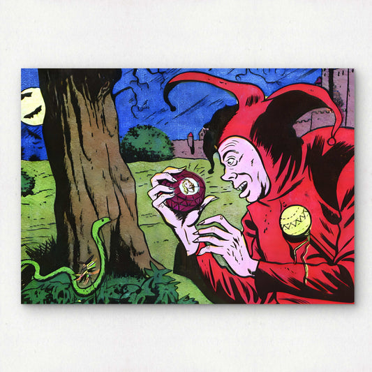 Horror Comic Book Premium Giclée Pop Art Print | A4 A3 Wall Decor | Retro Artwork | "Devious Jester with Ruby and Snake" | Unframed