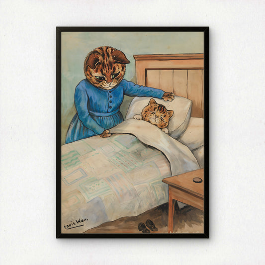 Louis Wain: Bedtime Cat Poster | Bedroom Wall Art | Giclée Fine Art Print | Vintage Cat Wall Decor