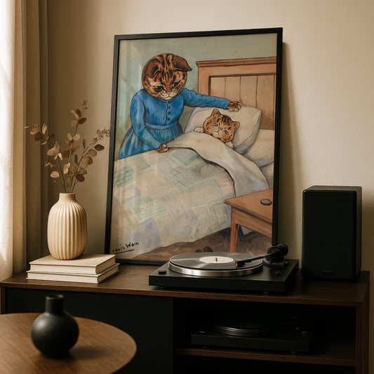 Louis Wain: Bedtime Cat Poster | Bedroom Wall Art | Giclée Fine Art Print | Vintage Cat Wall Decor
