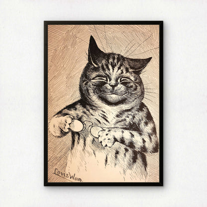 Louis Wain: Black and White Cat with Glasses Poster | Giclée Fine Art Print