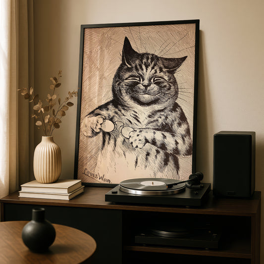 Louis Wain: Black and White Cat with Glasses Poster | Giclée Fine Art Print