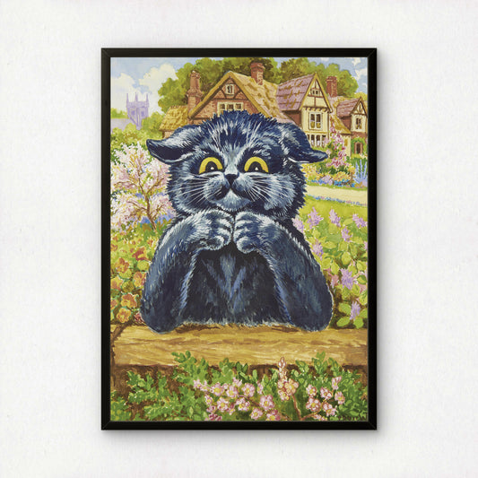 Louis Wain: Black Cat in the Garden | Giclée Fine Art Print | Gift for Cat Fan
