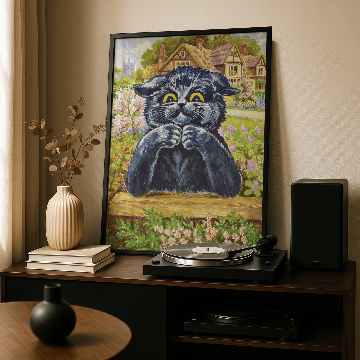 Louis Wain: Black Cat in the Garden | Giclée Fine Art Print | Gift for Cat Fan