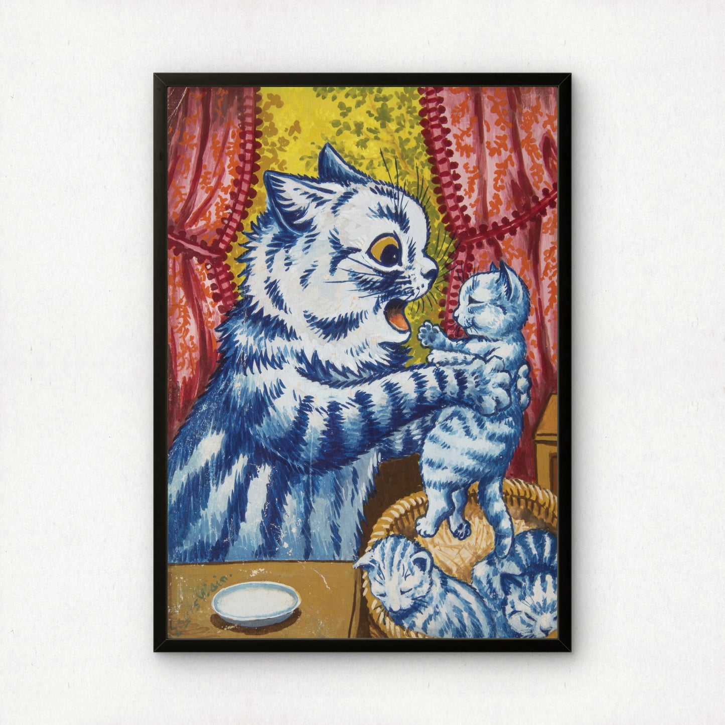 Louis Wain: Blue and White Striped Cat and Kitten | Giclée Fine Art Print