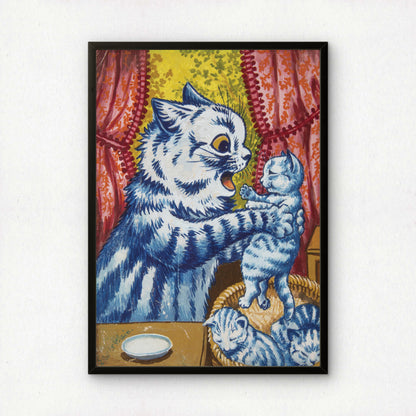 Louis Wain: Blue and White Striped Cat and Kitten | Giclée Fine Art Print