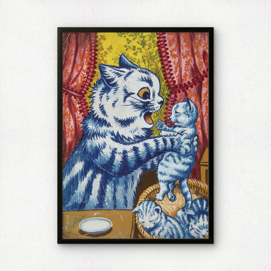 Louis Wain: Blue and White Striped Cat and Kitten | Giclée Fine Art Print