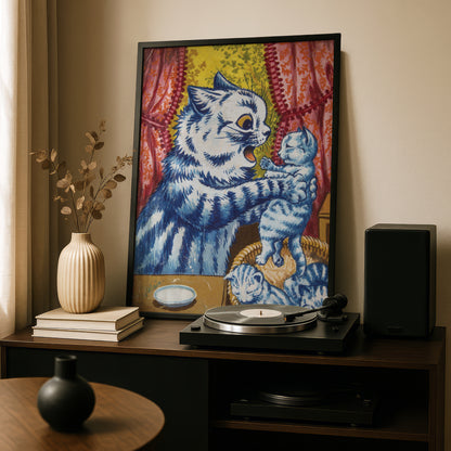 Louis Wain: Blue and White Striped Cat and Kitten | Giclée Fine Art Print