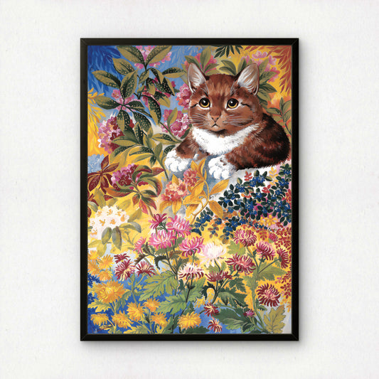 Louis Wain: Brown Cat in Flower Garden | Giclée Fine Art Print | Cat Gift