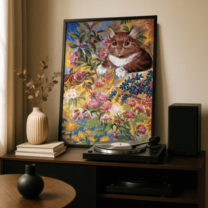 Louis Wain: Brown Cat in Flower Garden | Giclée Fine Art Print | Cat Gift
