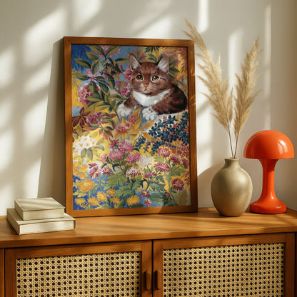Louis Wain: Brown Cat in Flower Garden | Giclée Fine Art Print | Cat Gift