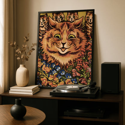 Louis Wain: Cat and Four Kittens in Flowers | Giclée Fine Art Print | Victorian Cat Poster