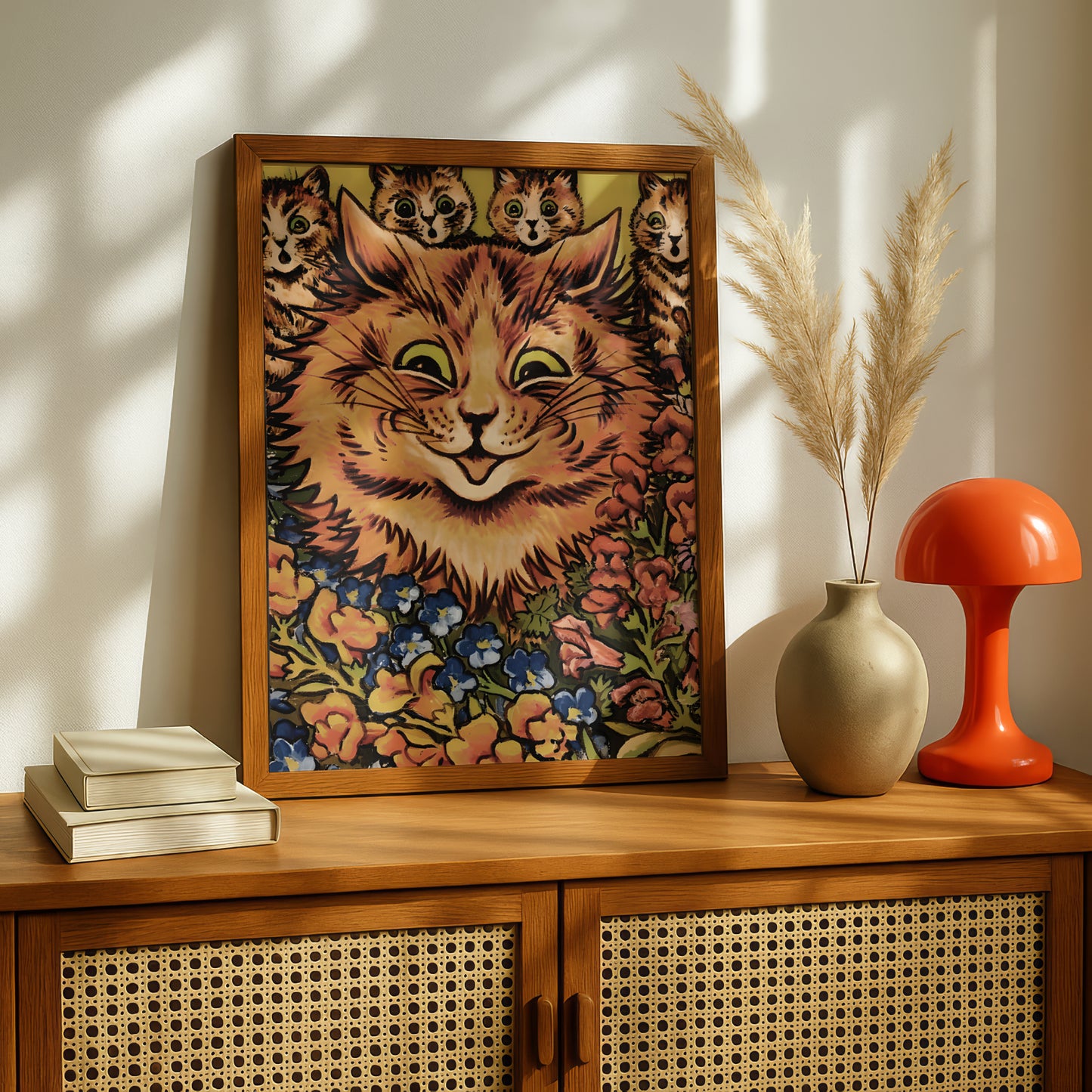 Louis Wain: Cat and Four Kittens in Flowers | Giclée Fine Art Print | Victorian Cat Poster