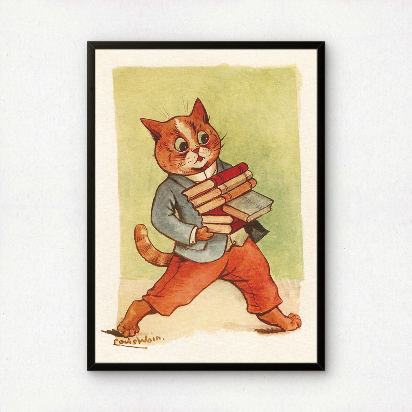 Louis Wain: Cat Carrying Books | Giclée Fine Art Print | Library Art | Reading Nook Poster