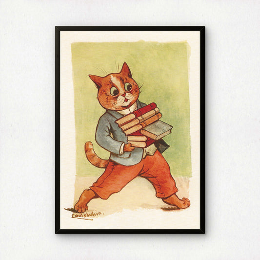 Louis Wain: Cat Carrying Books | Giclée Fine Art Print | Library Art | Reading Nook Poster