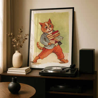 Louis Wain: Cat Carrying Books | Giclée Fine Art Print | Library Art | Reading Nook Poster