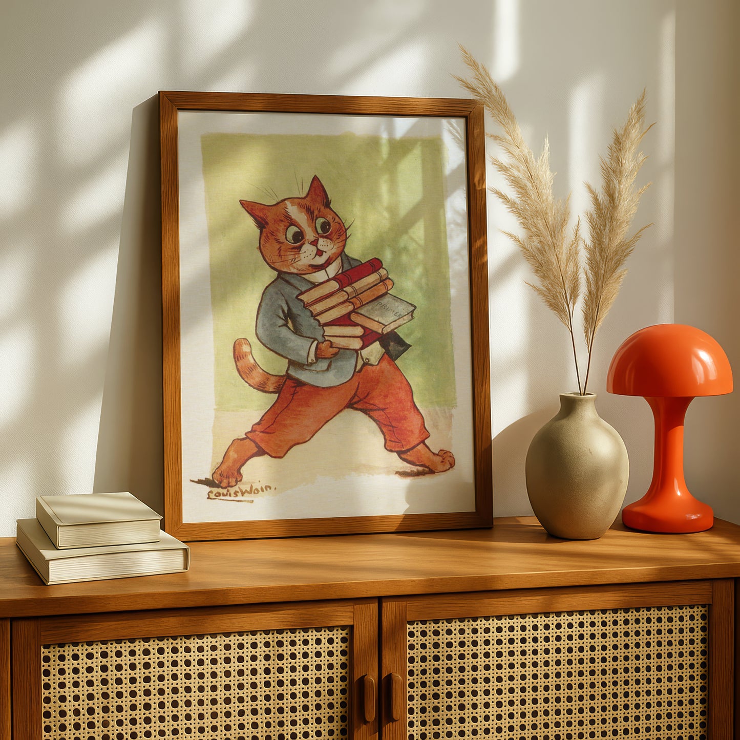 Louis Wain: Cat Carrying Books | Giclée Fine Art Print | Library Art | Reading Nook Poster