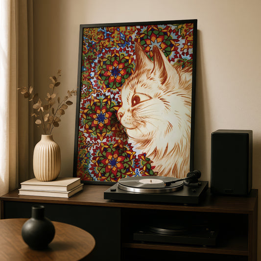 Louis Wain: Cat with Flower Background | Giclée Fine Art Print | Floral Cat Poster