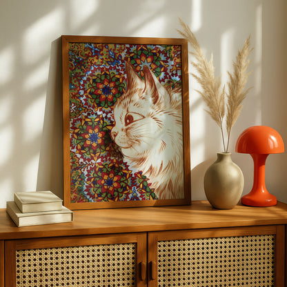 Louis Wain: Cat with Flower Background | Giclée Fine Art Print | Floral Cat Poster