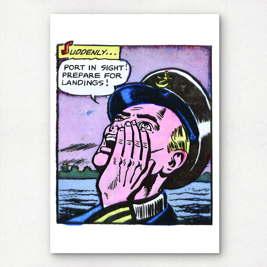 Shouting Sailor Vintage Pop Art Wall Decor | Premium Giclée Art Print | 1950s Comic Book | "Port in Sight! Prepare for Landing!" | Unframed