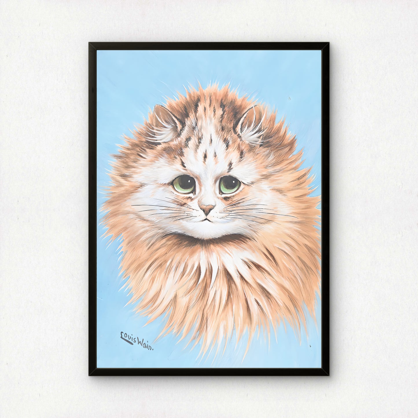 Louis Wain: Ginger Cat on Baby Blue Background | Fine Art Print | Beautiful Cat Art
