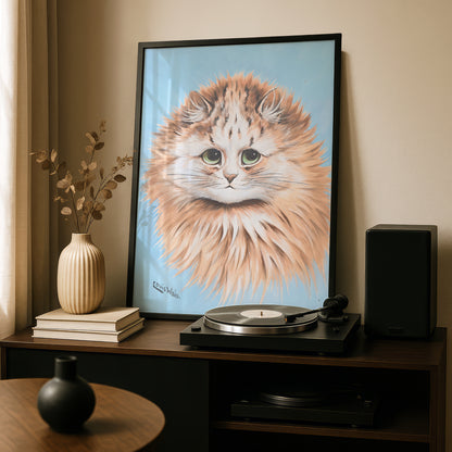Louis Wain: Ginger Cat on Baby Blue Background | Fine Art Print | Beautiful Cat Art