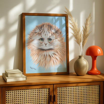 Louis Wain: Ginger Cat on Baby Blue Background | Fine Art Print | Beautiful Cat Art