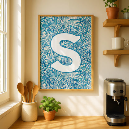 Personalised Initial Print: Blue Letter Wall Art: Premium Art Print with William Morris Design