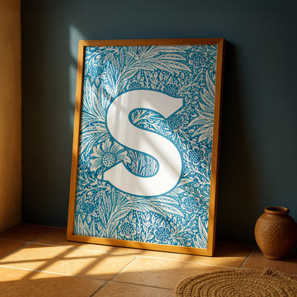 Personalised Initial Print: Blue Letter Wall Art: Premium Art Print with William Morris Design