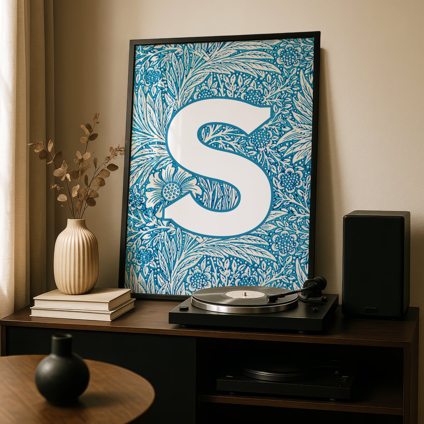Personalised Initial Print: Blue Letter Wall Art: Premium Art Print with William Morris Design