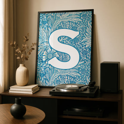 Personalised Initial Print: Blue Letter Wall Art: Premium Art Print with William Morris Design