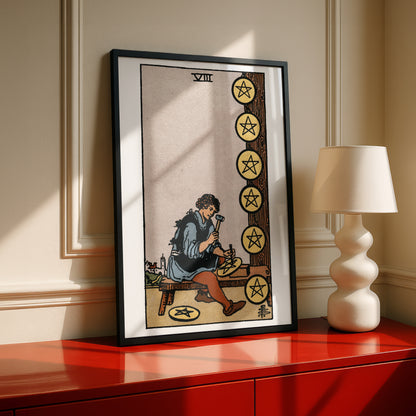Eight of Pentacles Tarot Card Print | Rider-Waite Pentacles Minor Arcana Deck | Wall Art