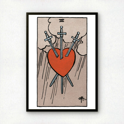 Three of Swords Tarot Card Print | Rider-Waite Swords Minor Arcana Deck | Wall Art