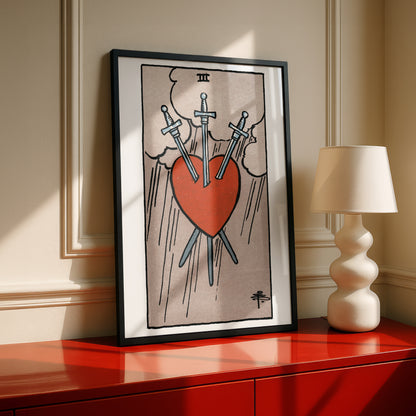 Three of Swords Tarot Card Print | Rider-Waite Swords Minor Arcana Deck | Wall Art